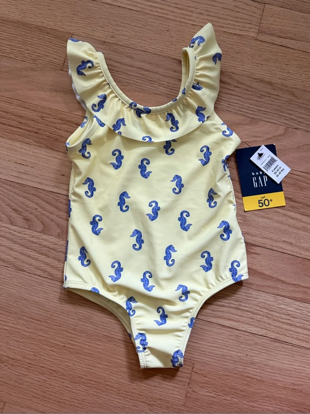 NWT GAP Yellow One-Piece Swimsuit with Blue Seahorse Print and Ruffle